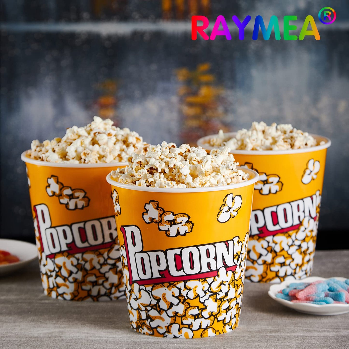 Plastic Popcorn Containers Retro Style Reusable Popcorn Buckets for Movie Night 7.1”x7.1”x5.1” - 4 Pack…