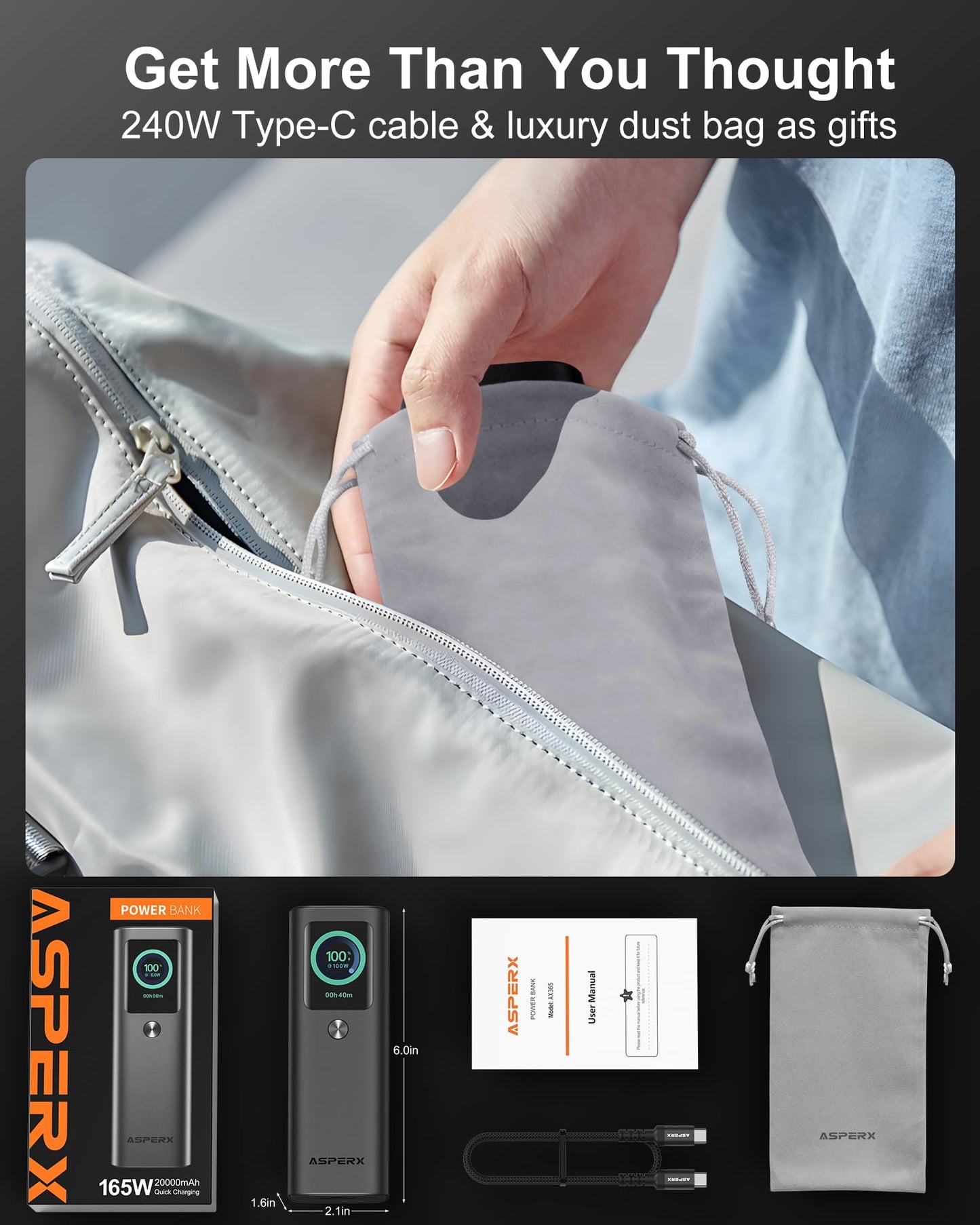 AsperX Laptop Power Bank, 165W 20,000mAh, Retractable Cables, Aluminum Alloy Unibody Portable Charger Power Bank, Battery Bank for MacBook Pro/Air/iPhone 17/iPad Pro/S25 Ultra/Dell/HP(TSA-Approved)