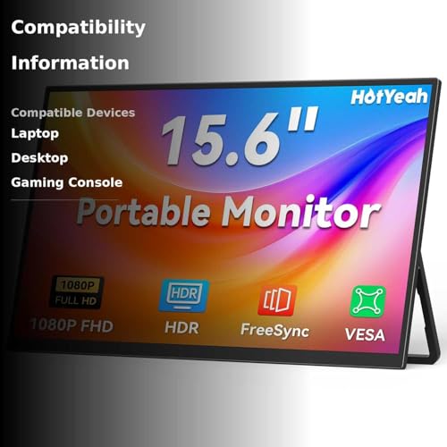 HotYeah Portable Monitor, 16.1in 1080P FHD Laptop Monitor USB-C HDMI External Computer Display HDR IPS w/Smart Cover & Speaker, 2nd Screen for PC Mac Phone Switch PS5
