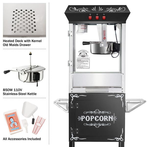 Countertop Popcorn Machine- Antique Style Movie Night Popper- 8oz Kettle, Old Maids Drawer, Warming Tray & Scoop by Superior Popcorn Company (Black)