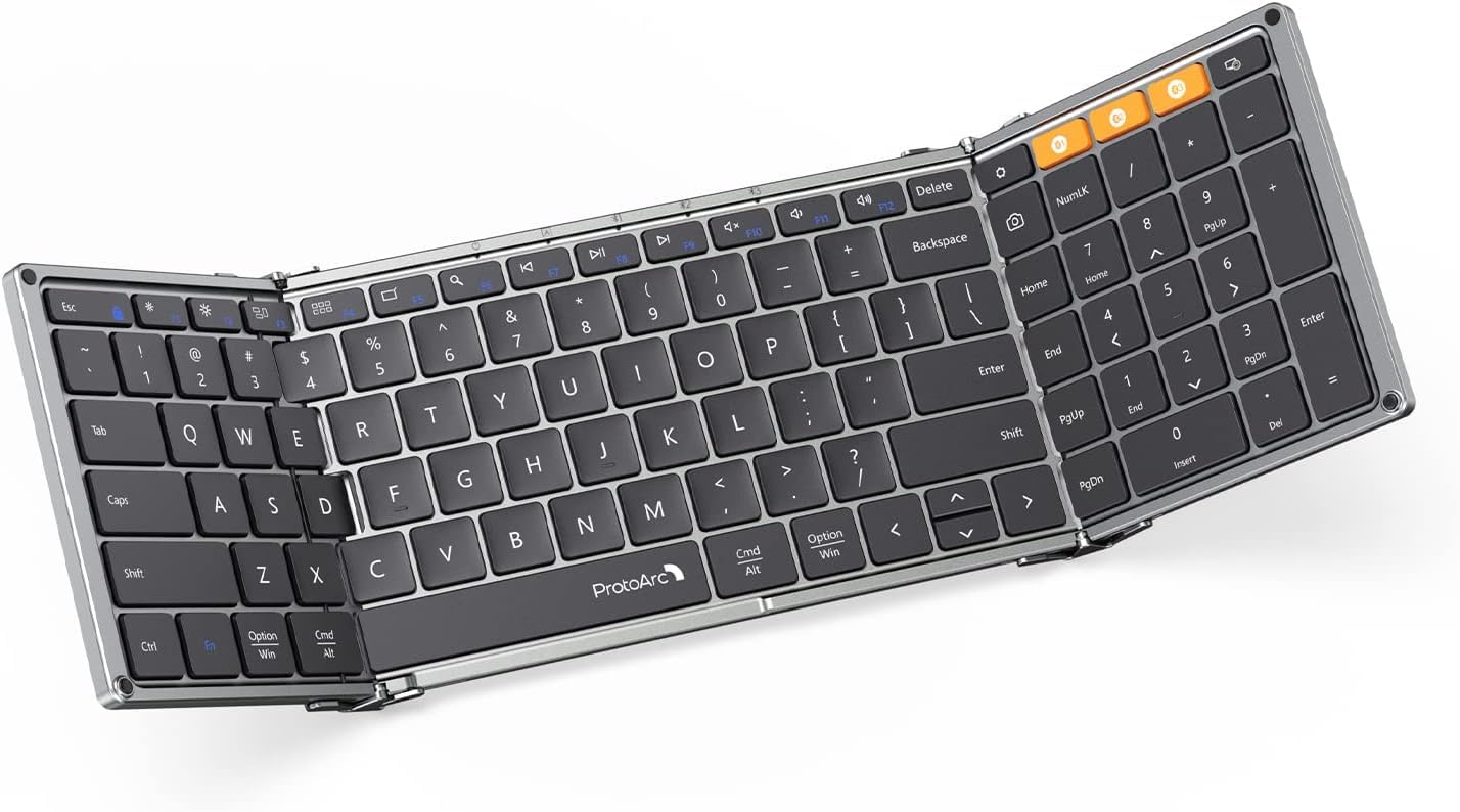 ProtoArc Foldable Bluetooth Keyboard, XK01 Folding Wireless Portable Keyboard with Numeric Keypad, Full-Size Travel Keyboards for iPad Tablet Smartphone Laptop PC Windows iOS Android, Black