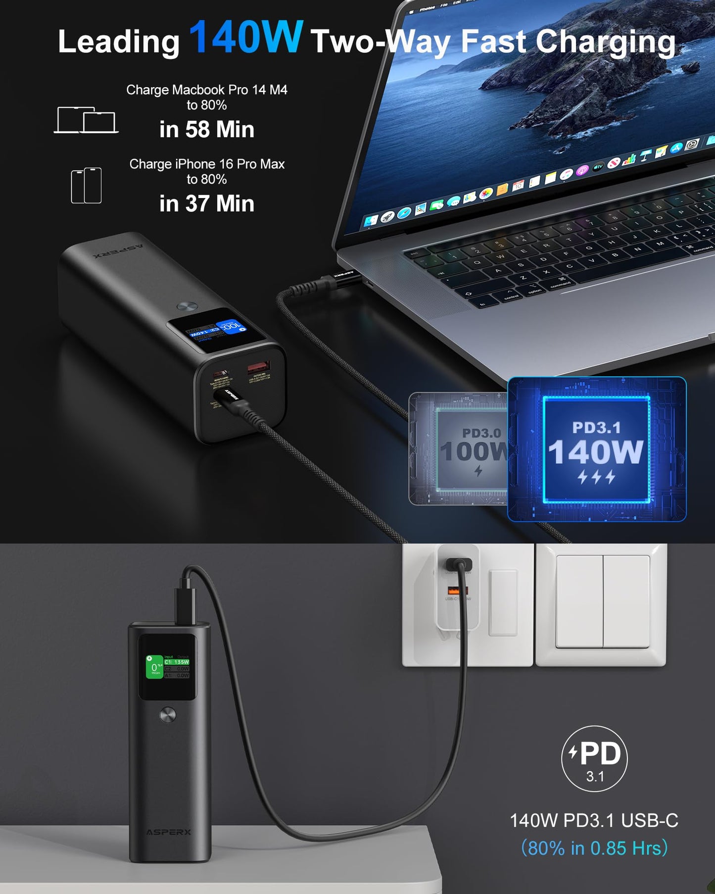 AsperX Laptop Power Bank, 165W 20,000mAh, Retractable Cables, Aluminum Alloy Unibody Portable Charger Power Bank, Battery Bank for MacBook Pro/Air/iPhone 17/iPad Pro/S25 Ultra/Dell/HP(TSA-Approved)