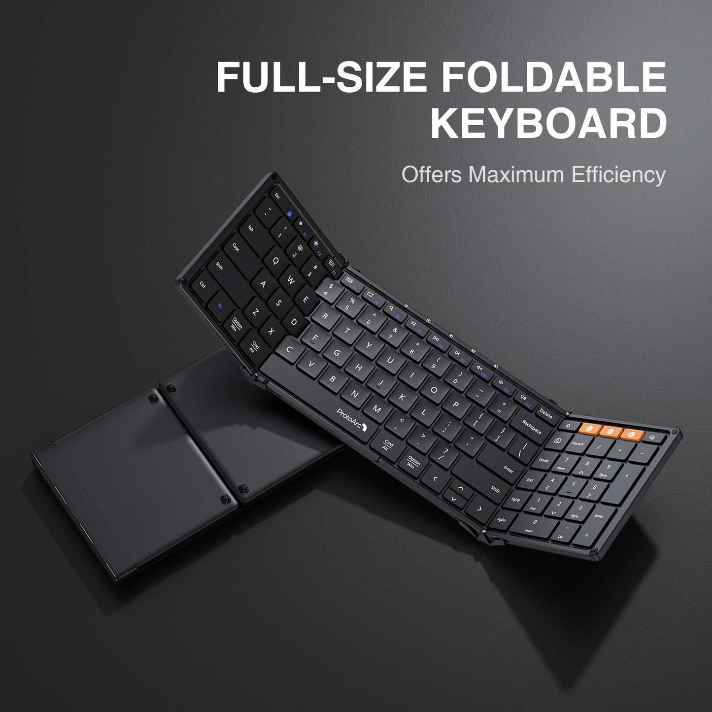 ProtoArc Foldable Bluetooth Keyboard, XK01 Folding Wireless Portable Keyboard with Numeric Keypad, Full-Size Travel Keyboards for iPad Tablet Smartphone Laptop PC Windows iOS Android, Black