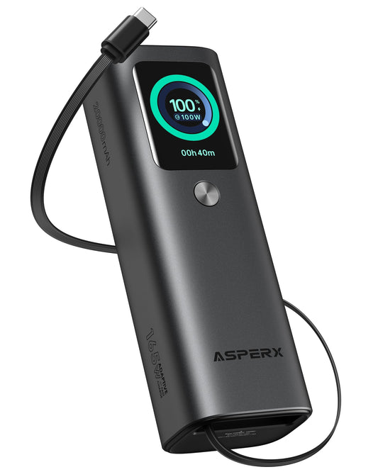 AsperX Laptop Power Bank, 165W 20,000mAh, Retractable Cables, Aluminum Alloy Unibody Portable Charger Power Bank, Battery Bank for MacBook Pro/Air/iPhone 17/iPad Pro/S25 Ultra/Dell/HP(TSA-Approved)