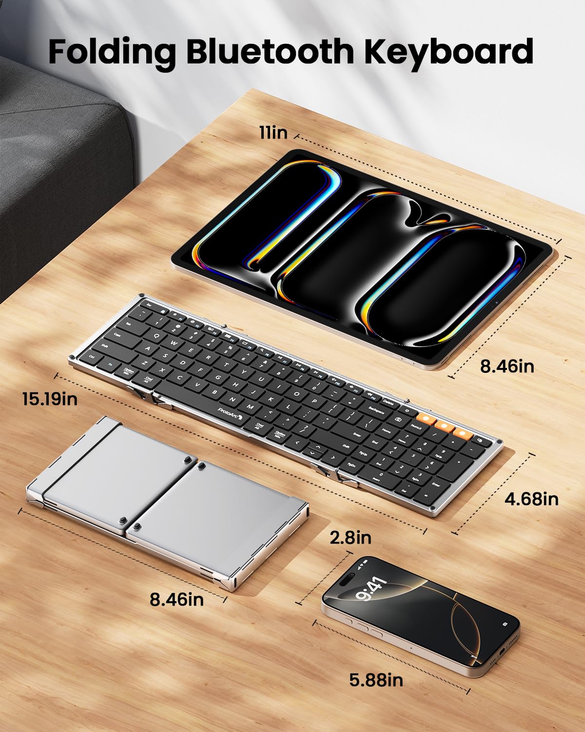 ProtoArc Foldable Bluetooth Keyboard, XK01 Folding Wireless Portable Keyboard with Numeric Keypad, Full-Size Travel Keyboards for iPad Tablet Smartphone Laptop PC Windows iOS Android, Black