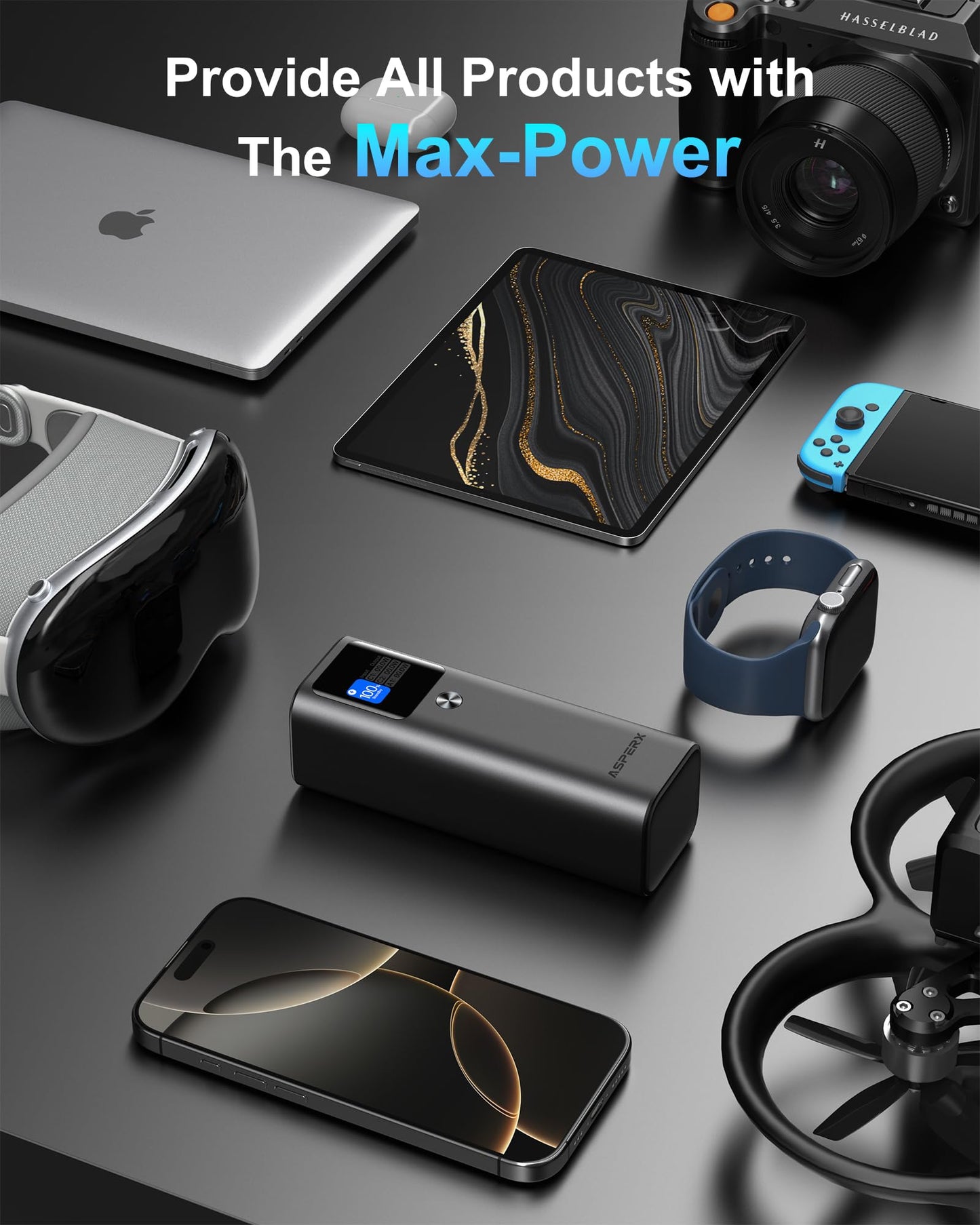 AsperX Laptop Power Bank, 165W 20,000mAh, Retractable Cables, Aluminum Alloy Unibody Portable Charger Power Bank, Battery Bank for MacBook Pro/Air/iPhone 17/iPad Pro/S25 Ultra/Dell/HP(TSA-Approved)