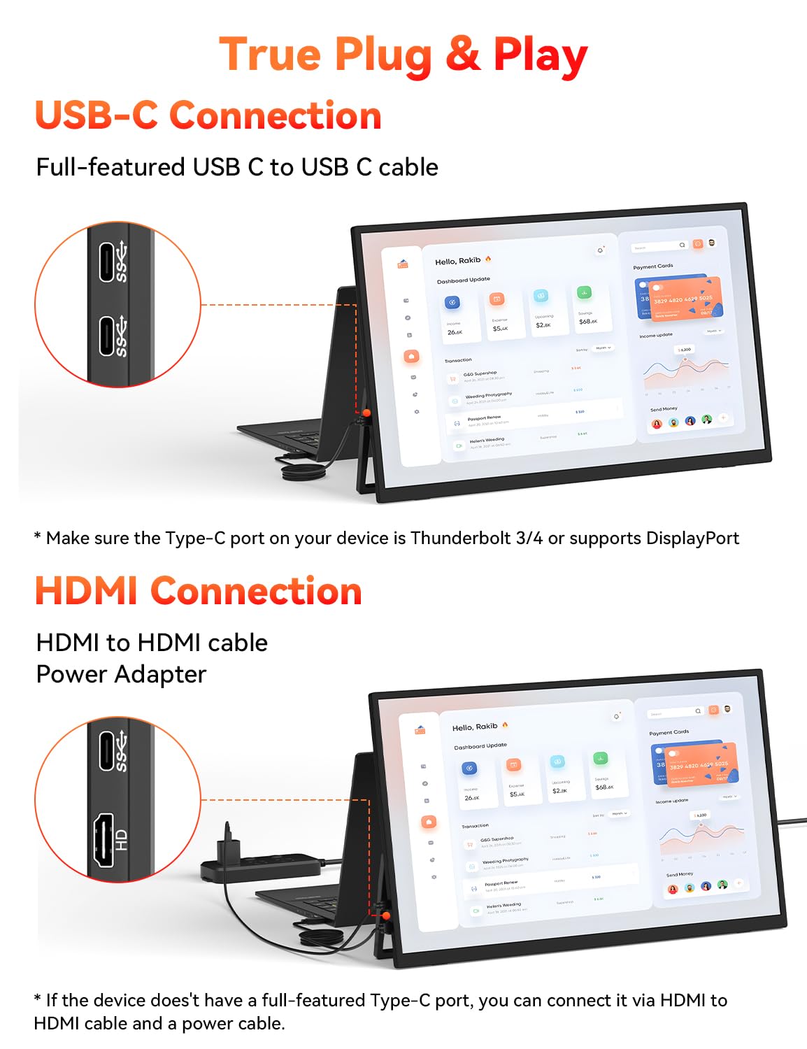 HotYeah Portable Monitor, 16.1in 1080P FHD Laptop Monitor USB-C HDMI External Computer Display HDR IPS w/Smart Cover & Speaker, 2nd Screen for PC Mac Phone Switch PS5
