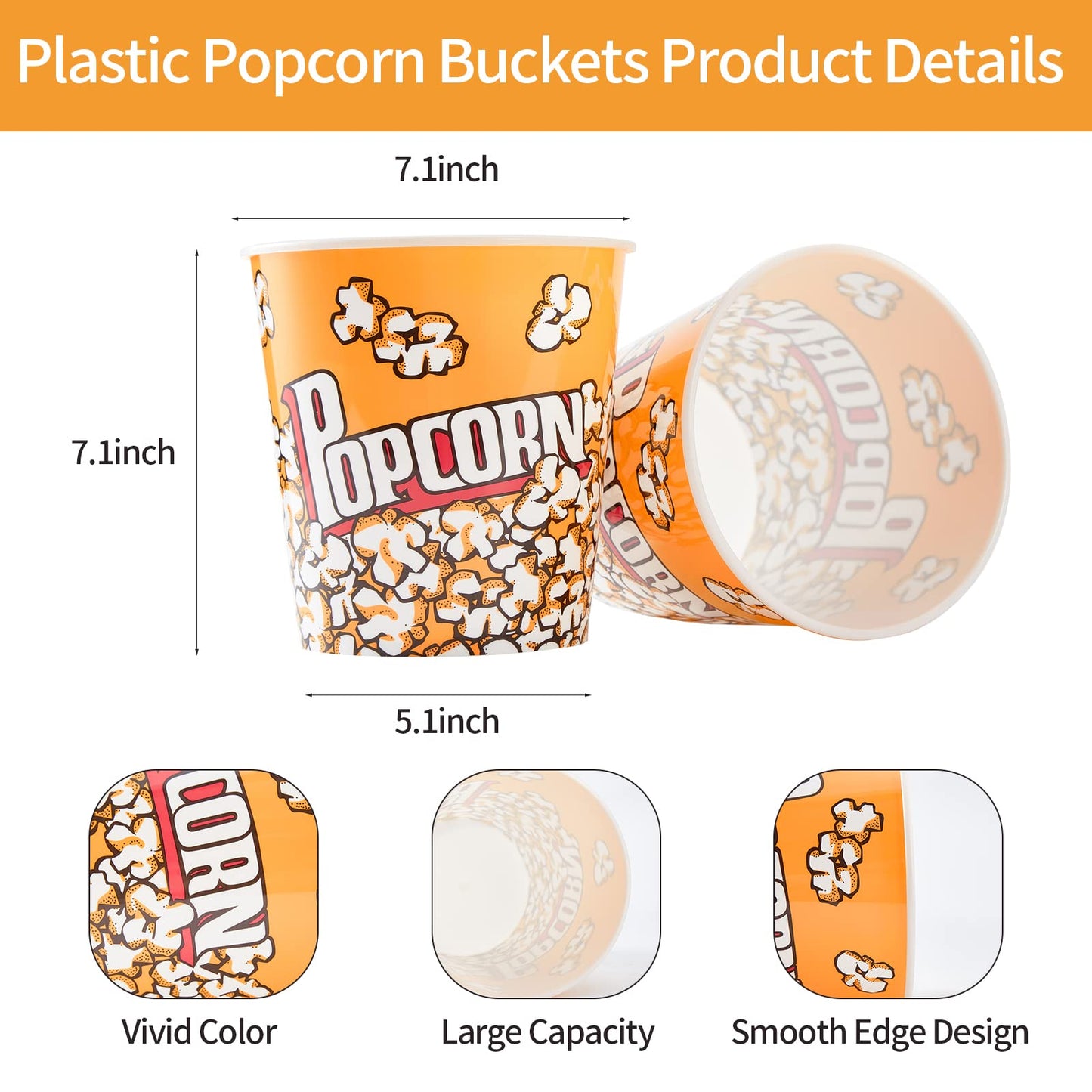 Plastic Popcorn Containers Retro Style Reusable Popcorn Buckets for Movie Night 7.1”x7.1”x5.1” - 4 Pack…