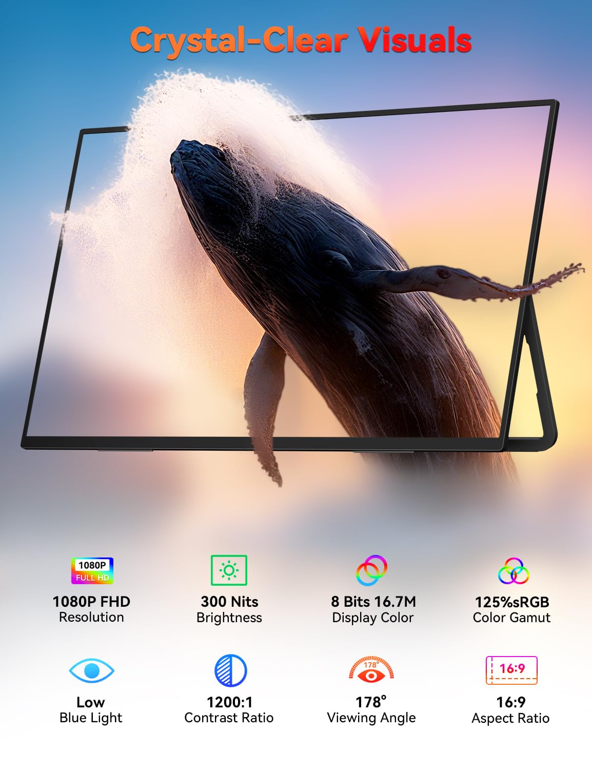 HotYeah Portable Monitor, 16.1in 1080P FHD Laptop Monitor USB-C HDMI External Computer Display HDR IPS w/Smart Cover & Speaker, 2nd Screen for PC Mac Phone Switch PS5