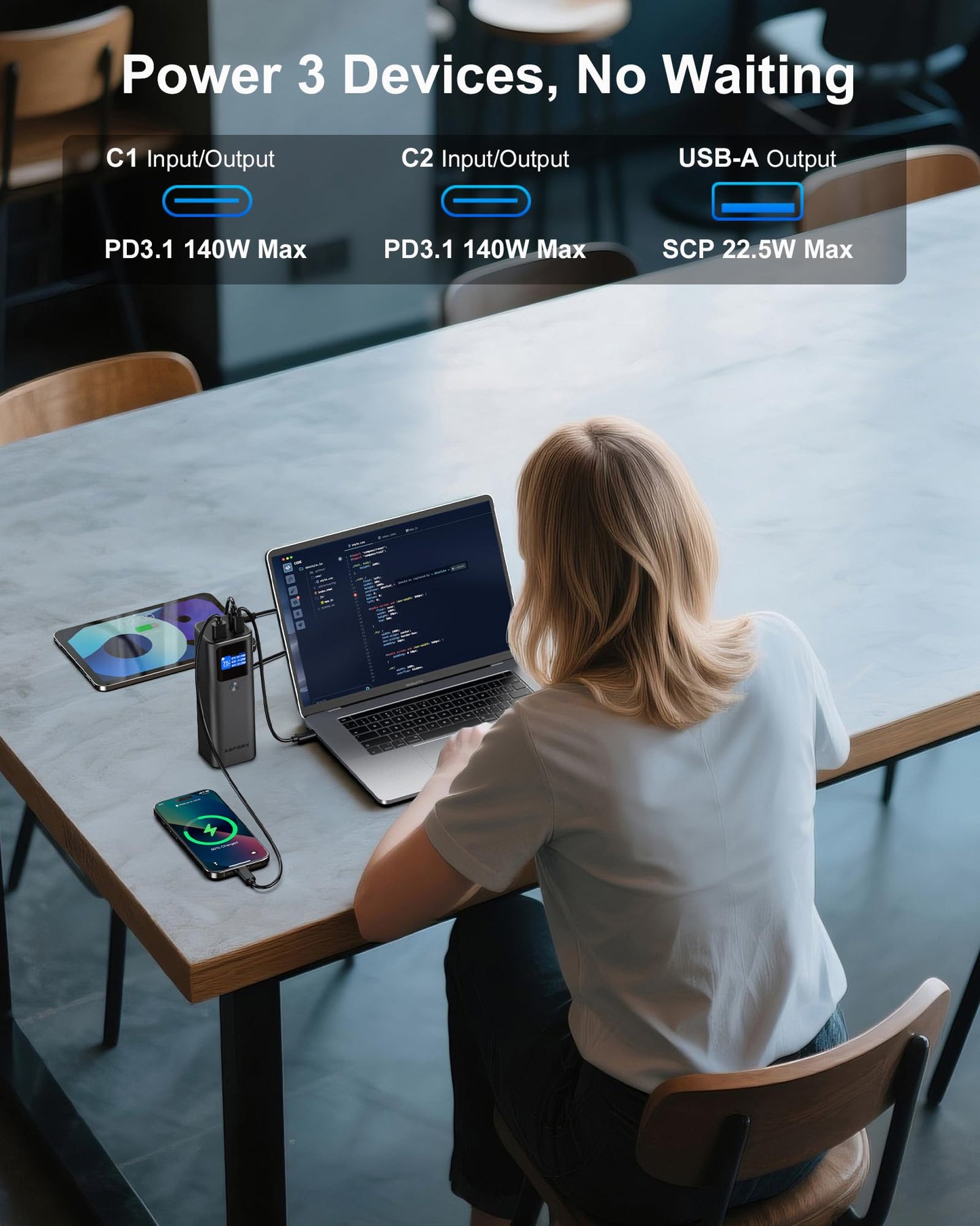 AsperX Laptop Power Bank, 165W 20,000mAh, Retractable Cables, Aluminum Alloy Unibody Portable Charger Power Bank, Battery Bank for MacBook Pro/Air/iPhone 17/iPad Pro/S25 Ultra/Dell/HP(TSA-Approved)