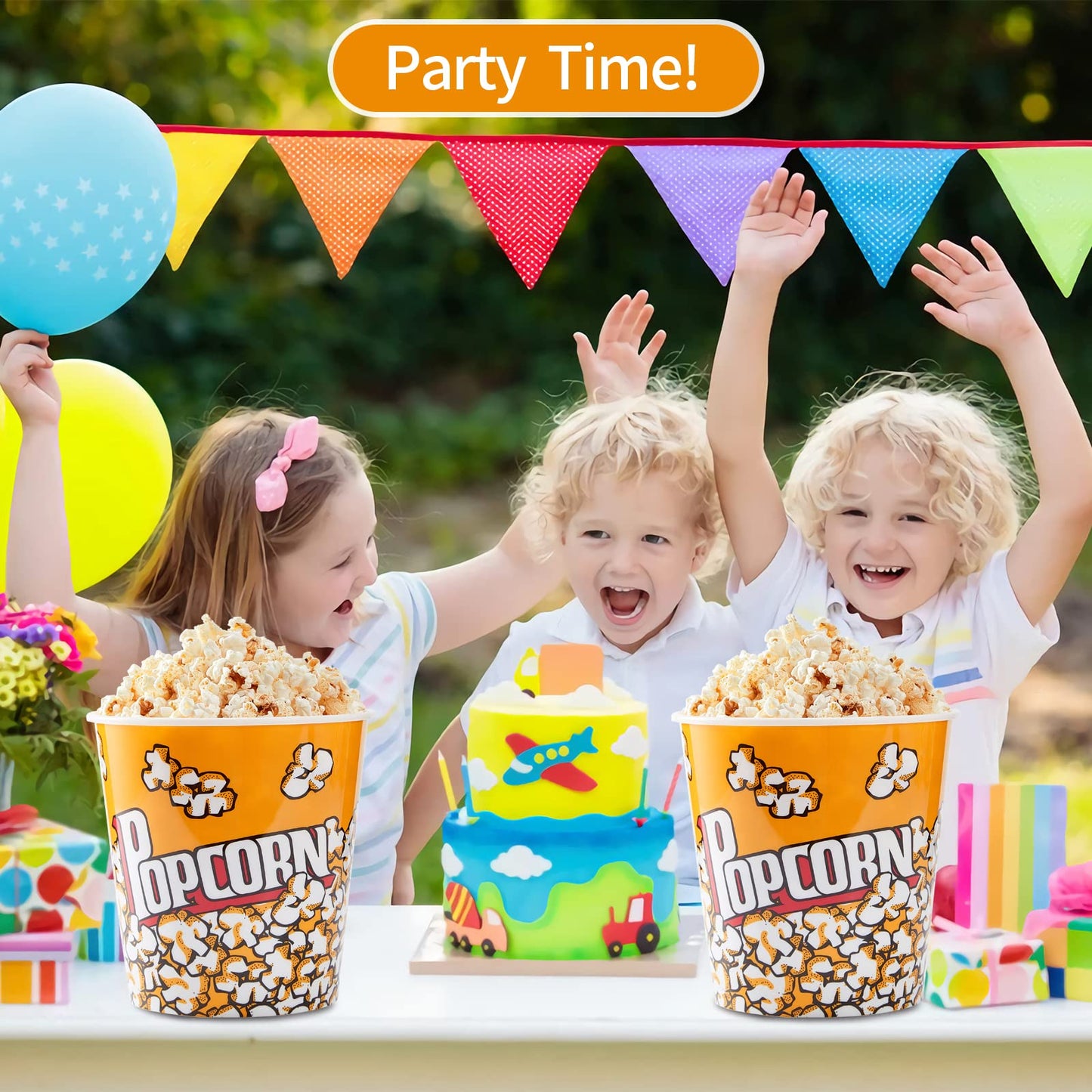 Plastic Popcorn Containers Retro Style Reusable Popcorn Buckets for Movie Night 7.1”x7.1”x5.1” - 4 Pack…